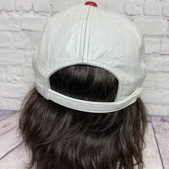 Vintage Leather Hat Strap Back White Red SL Oilfield Construction - Sweat Stains - Picture 3 of 12
